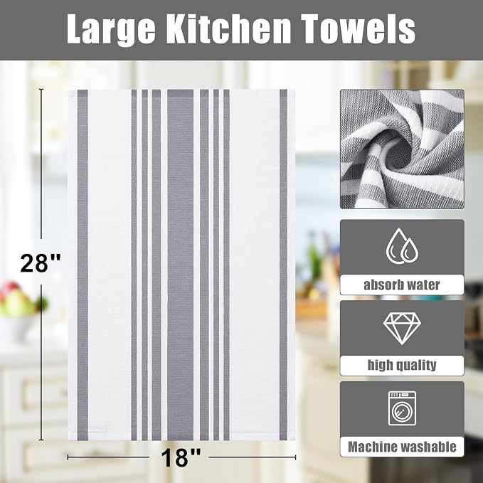 Homaxy Premium Kitchen Towels 18”x 28”, Large Cotton 380 GSM Kitchen Hand Towels, Stripe and Terry Dish Towel, Highly Absorbent Tea Towel Set with Hanging Loop, 3 Pack, Grey