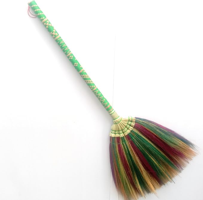 Natural Grass Broom Thai Vintage Retro Handmade Broom, Housewarming Gift, Witch Broom, Thai Broom, Broomstick, Bamboo Stick Embroidered Nylon Handle, Kong Grass Broom, Thick Broomstick