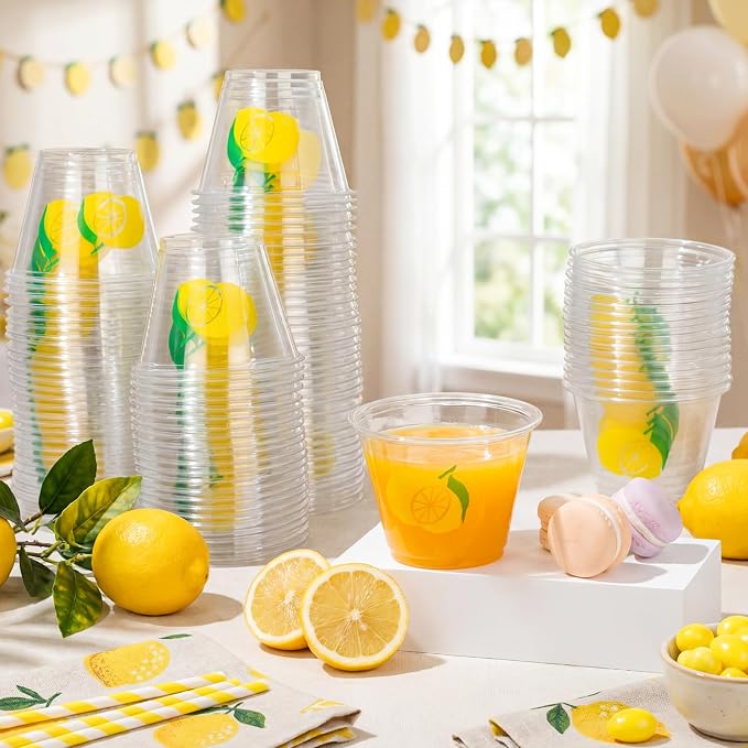 LemonRoad 100 Pack Lemon Cup 9 oz Yellow lemonade Disposable Clear Plastic Cocktail Cups Hot Cold Beverage Drinks for Men Women Summer Fruit Birthday Baby Shower Decorations Party Favors