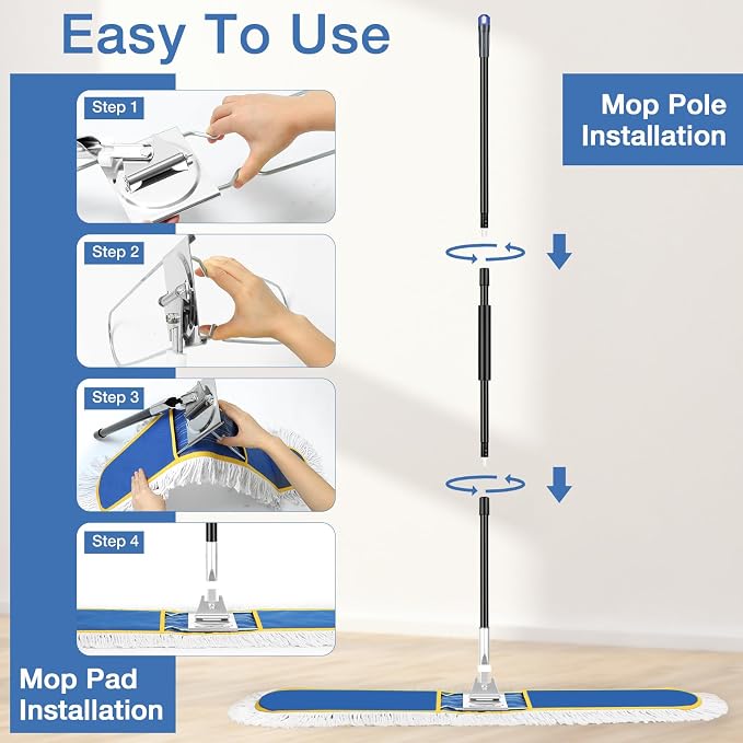 CLDREAM 48" Large Commercial Industrial Dust Mop for Floor Cleaning | 2 Washable Cotton Mops Pads/Wet Dry Floor Duster Broom for Hardwood Floors Marble Laminate Tile Concrete Garage/Blue