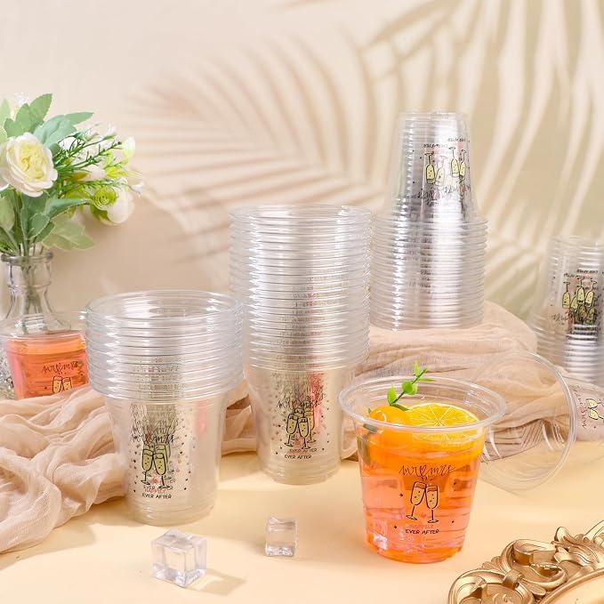 200 Pack Plastic Wedding Cups Bulk 12oz Disposable Clear Party Mr and Mrs Cup for Bridal Shower Anniversary Reception Birthday Parties Supplies