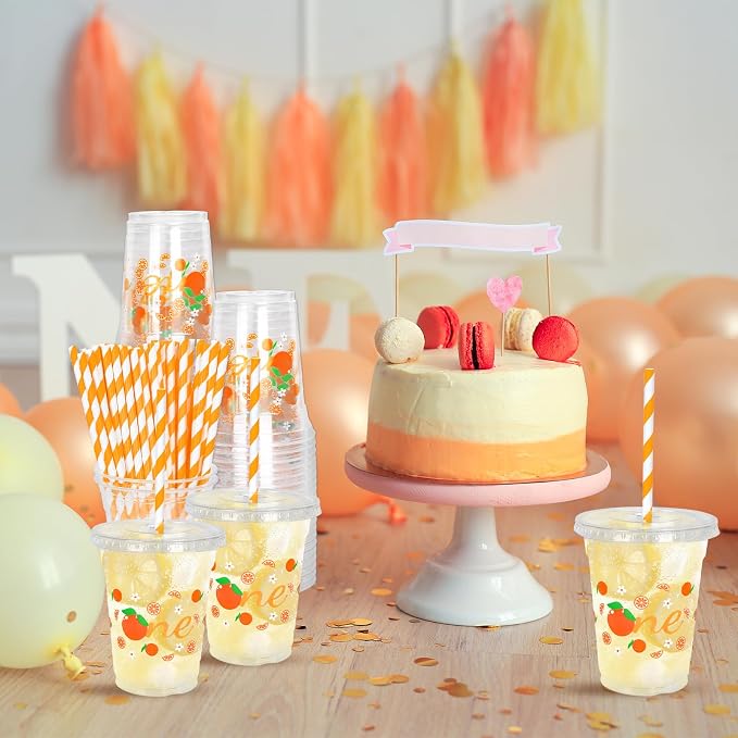 Whaline 50Pcs Little Cutie Disposable Plastic Cups with Lids and Straws 12Oz Cute Orange Citrus Cold Beverage Drinking Cups for First Birthday Baby Shower Party Supplies