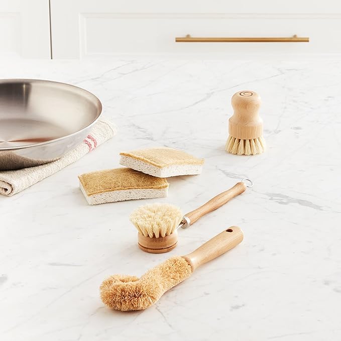 Tieralia Bamboo Dish Brush Gift Set β 5-Piece Kitchen Cleaning Set with Bottle Brush, Round Scrub Brush, Palm Brush & 2 Plant-Based Sponges | Wooden Handle Cleaning Tools for Dishes & Surfaces
