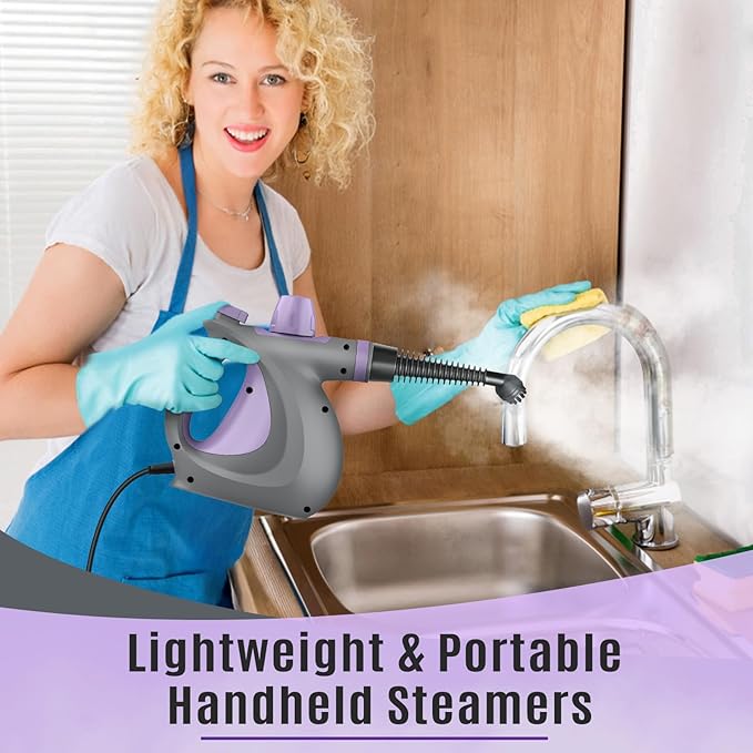 Pressurized Handheld Multi-Surface Natural Steam Cleaner with 12 pcs Accessories, Multi-Purpose Steamer for Home Use, Steamer for Cleaning Floor, Upholstery, Grout and Car (Grey) (Purple)