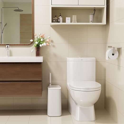 Small Bathroom Trash Can with Lid, Disposable Toilet Brush with 12 Refills, Toilet Bowl Cleaning Wand Set-2 Gallon Silm Garbage can and Toilet Brush Holder for Bathroom, Toilet, RV(White)