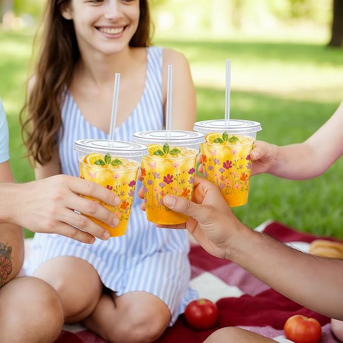 Vesici 100 Pcs Floral Plastic Cups 12 oz Floral Botanical Clear Spring Disposable Cups with Lid and Straws for Spring Summer Birthday Wedding Bridal Baby Shower Party Supplies(Butterfly)