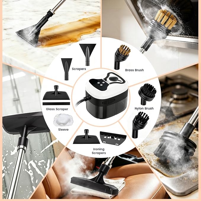Handheld Steam Cleaner, 6-Level Adjustable Handle, 15s Heat-Up, 1800W High-Pressure Steamer for Cleaning with 1.6L Large Tank, Portable Steam Cleaner for Home, Car, Grout, Couch, Floor (White)