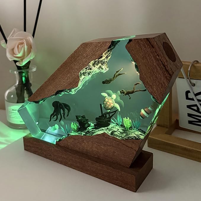 Octopus Ocean Resin Lamp, Handmade Wooden Table Resin Night Light, USB Port Art Ornaments for Home Office Decor, Scuba Diver Gifts for Birthday Holiday, Valentine's Day Gifts for Husband