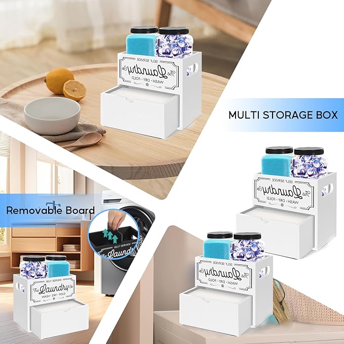 Laundry Pods Container, 7.8 x 5.1 x 6.7 Inches Wooden Dryer Sheet Container, Rustic Containers Storage Box, 2-Tier Storage Box with Drawer for Dryer Sheets and Pods (White)