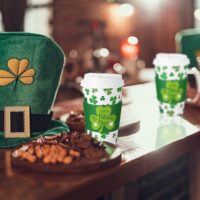 Jingmore 60 Pack St. Patrick's Day Disposable Coffee Cups with Lids and Sleeves 16 oz Irish Coffee Cups Green Shamrock Paper Cups Disposable Drinking Cups for Irish Holiday Party Supplies