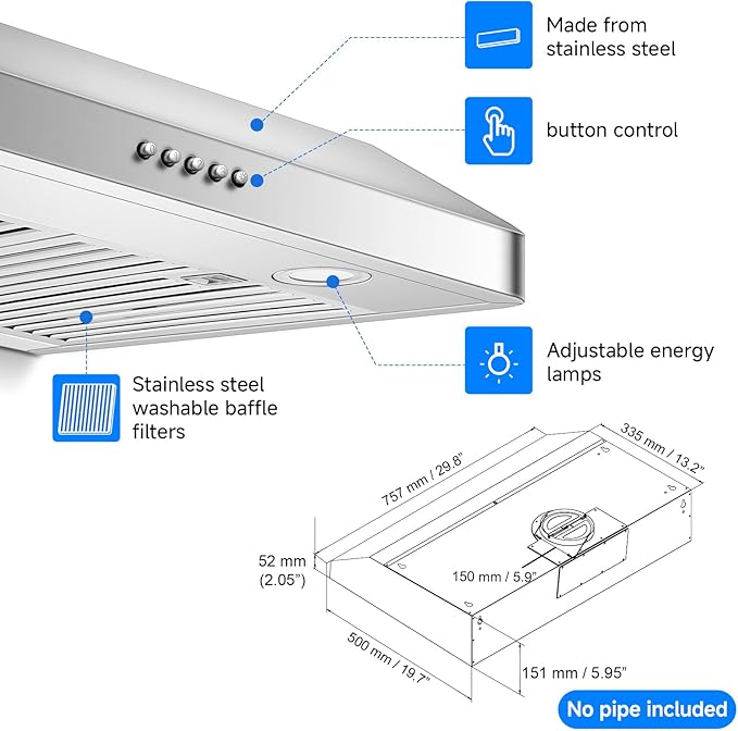 AMZCHEF 30" Under Cabinet Range Hood with Dual Fans System-1050CFM Ultra-Powerful Ventilation,3 Speed Stainless Steel Kitchen Hood Button Control Dishwasher-Safe Baffle Filters Three Outlet Design