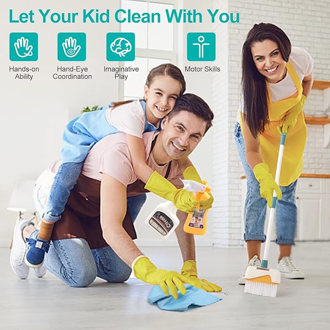Detachable Kids Cleaning Toy Set - Broom, Mop, Dustpan, Brush, Rag Play, Housekeeping Kit, STEM Really Clean Toys Gift for Girls & Boys
