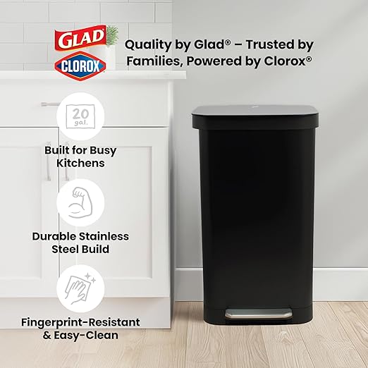 Glad 20 Gallon All Stainless Steel Trash Can with Clorox Odor Protection | Large Metal Kitchen Garbage Bin with Soft Close Lid, Garbage Bag Rings, Step On Foot Pedal and Waste Bag Roll Holder, Black