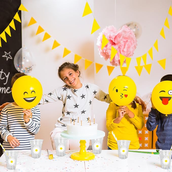 Whaline 50Pcs Daisy Cute Disposable Plastic Cups with Lids and Straws 12Oz Cold Beverage Drinking Cups for Wedding Birthday Baby Shower Favor Supplies