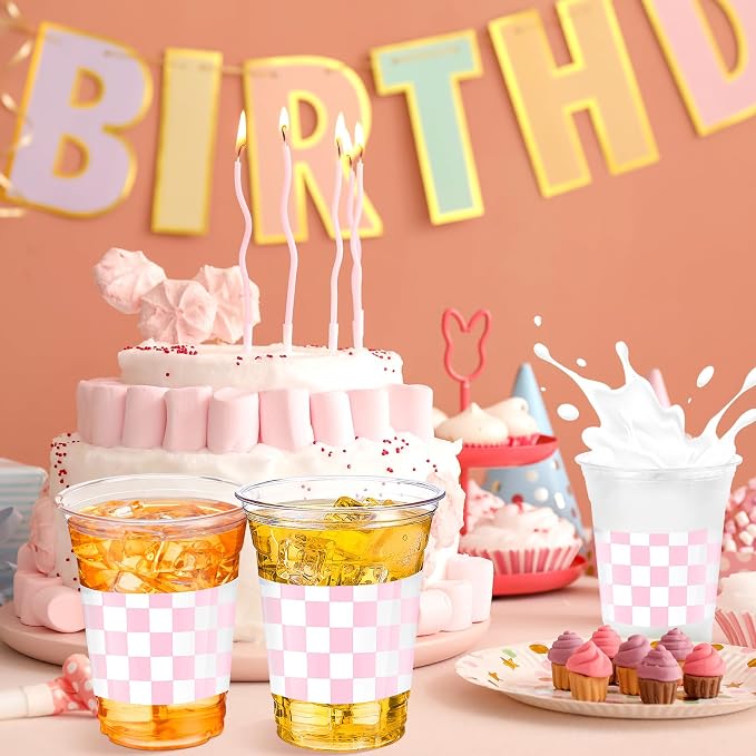SiliFine 50 Pcs 12 oz Pink Checkered Plastic Cups Clear Disposable Gingham Plaid Party Cups for Racing Theme Birthday Wedding Baby Shower Party Decorations