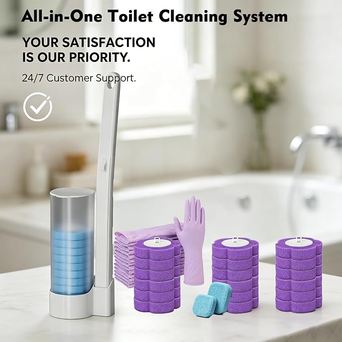 All-in-One Toilet Cleaning Kit - Disposable Toilet Brush with 18 Refills, 12 Extended Cleaning Gloves &12 Deep Clean Tablets - No Touch Bathroom Wand, Zero-Touch Cleaning System for Home & Apartment