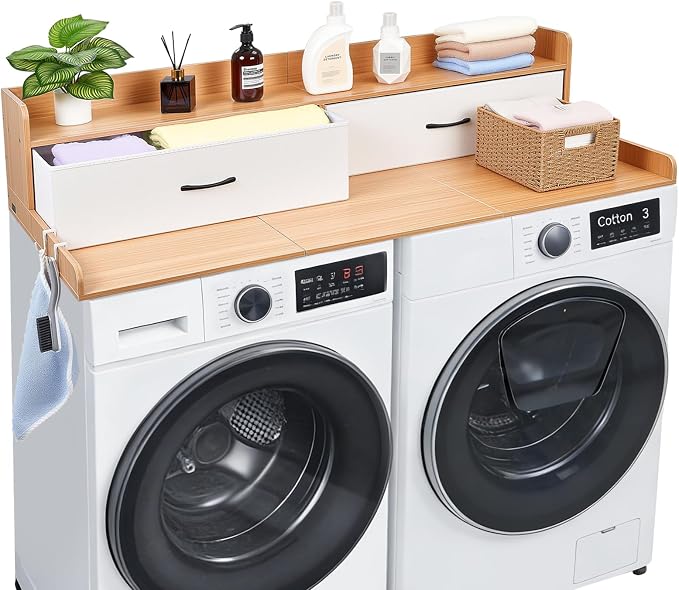 VEVOR 2 Drawers Washer Dryer Countertop with Shelf, 54" x 27" Wooden Laundry Countertop with 2 Hooks & Splicing Panels, Washer and Dryer Topper, Laundry Room Organization and Storage, Natural