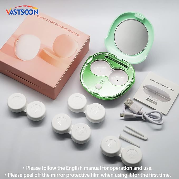 Vastsoon Portable Ultrasonic Contact Lens Cleaning Machine with USB Charger and Solution Soak Case Kit for Soft, Colored, Hard, RGP, and OK Lenses