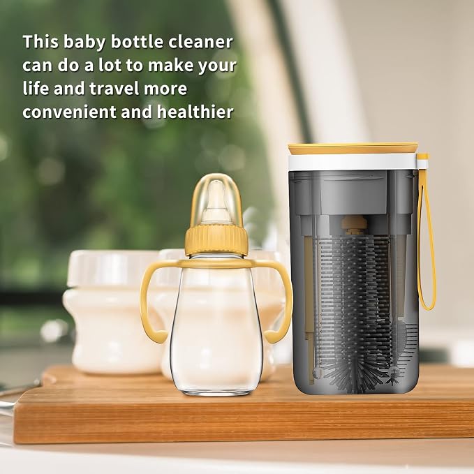 WHNLTravel Baby Bottle Brush Set with Bottle Cleaner Brush Set and Drying Rack,Gift for Newborn Mothers, Suitable for Travel and Home(Yellow)