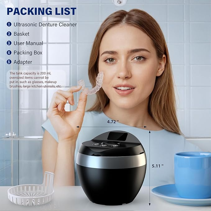 Ultrasonic Retainer Cleaner, 200ML Denture Cleaner for Mouthguard, Aligner, Brace, Night Guard and Dental Appliance with 4 Modes, 45kHz Jewelry Cleaner for Rings, Dental Cleaning Pod with Basket