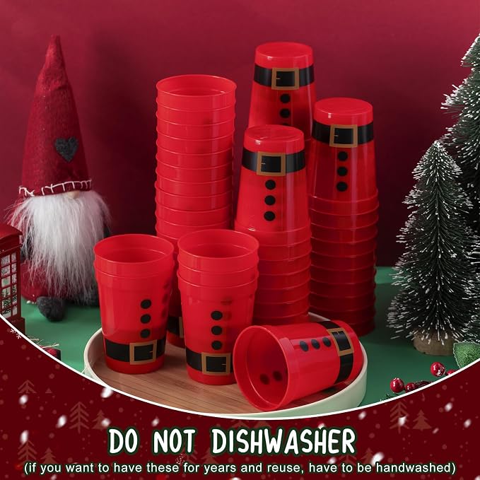 Uiifan 50 Pack Christmas Cups Santa Plastic Cups for Party 12 oz Reusable Stadium Beverage Drinking Tumblers Santa's Belt Plastic Hard for Holiday Festive Party Supplies Decorations(Red)