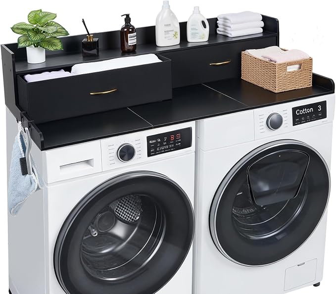 VEVOR 2 Drawers Washer Dryer Countertop with Shelf, 54" x 27" Wooden Laundry Countertop with 2 Hooks & Splicing Panels, Washer and Dryer Topper, Laundry Room Organization and Storage, Black