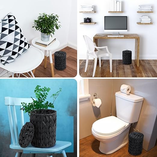 Ctosree 1.3 Gallons Small Trash Can with Lid Handle Boho Woven Braided Bathroom Waste Basket Trash Can with 100 Garbage Bags for Bedroom Office Laundry(Braided Polypropylene, Black)