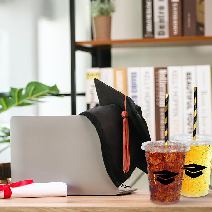 Whaline 50Pcs 12Oz Graduation Disposable Plastic Cups with Lids and Straws Black Graduation Cap Cold Beverage Drinking Cups for Congrats Grad Party Supplies