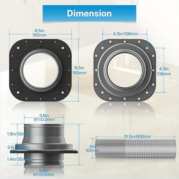Hon&Guan Magnetic Dryer Vent Coupling Connector Kit DV180 with 4'' 2.6FT Semi Rigid Dryer Vent Hose for Tight Space & Aluminum Foil Tape,2 Clamps(Gray)