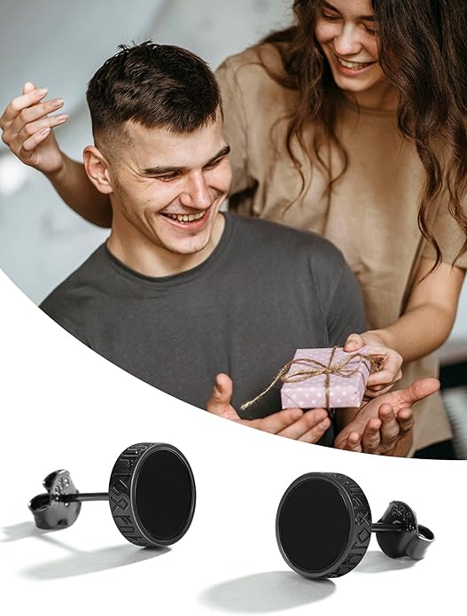 ChicSilver 925 Sterling Silver Viking Rune Natural Black Onyx Stud Earrings For Women Men