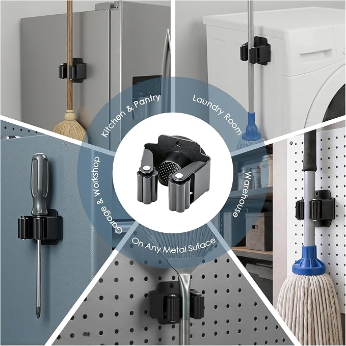 Magnetic Broom Holder Wall Mount, 10PCS No-Drill Broom and Mop Organizer Wall Hanging, 12lbs Heavy Duty Magnetic Tool Holder for Work Garage Laundry Kitchen RV Van Accessories
