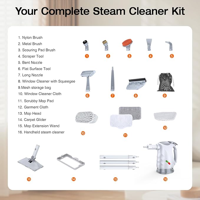 10-in-1 Steam Cleaner, Steam Mop & Detachable Handheld Steam Cleaner, 320ml Water Tank, 10s Fast Heating, Portable Steamer for Kitchen, Floor, Tiles, Window, BBQ Grill, Car, Bright White