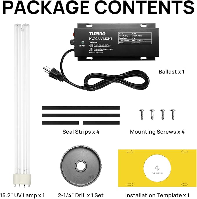 TURBRO AC 120V 36W HVAC UV Light Kit Air Purifier, ETL&CARB Certified, Comes with a 15.2 in 4-Pin 2G11 Base Lamp, Installation Template, and Ballast, for Cleaning Air and Ducted AC Systems, UV36P