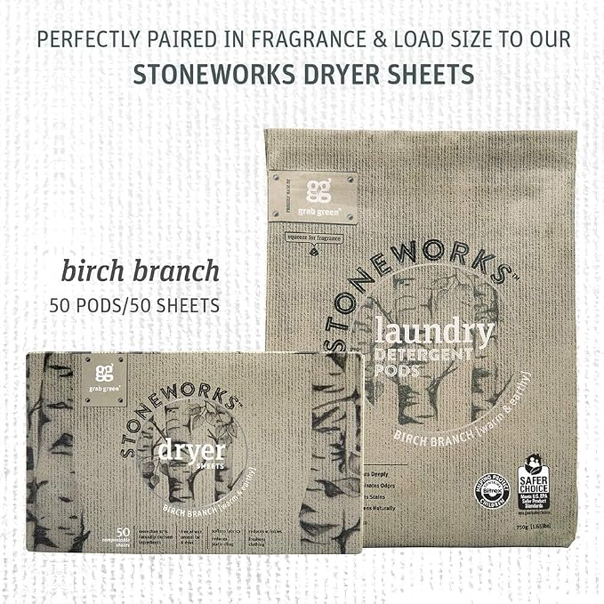Grab Green Stoneworks Laundry Detergent Pods, 100 Count, Birch Branch | EPA Safer Choice; Plant & Mineral-Based; Fights stains; Eliminates odors; Softens naturally; No Harsh Chemicals