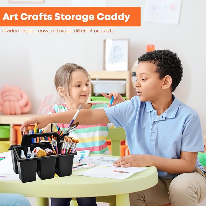 ALINK Classroom Caddy Storage Basket with Handle, 6 Pack Plastic Arts Office Crafts Caddy 4 Compartments for Kids, Pencil, Crayon, Marker, School Supplies - Black