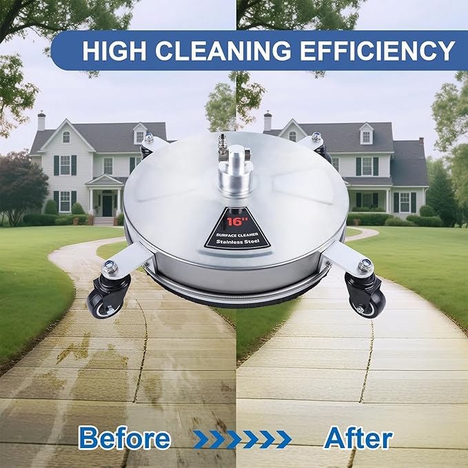 Biswing 16" Pressure Washer Stainless Steel Surface Cleaner with 4 Wheels & 1/4" Quick Connector, Power Washer Attachment with 2 Extension Wand, 2 Replacement Nozzles, 4000 PSI