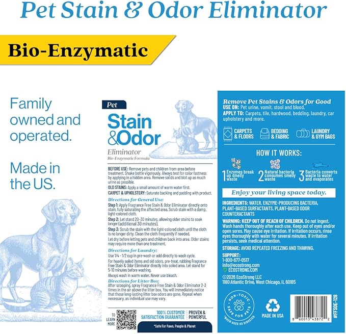Eco Strong Pet Stain and Odor Remover - Pet Odor Eliminator, Urine Destroyer for Dogs, Pet Urine Enzyme Cleaner | Santel Woods - 128 oz