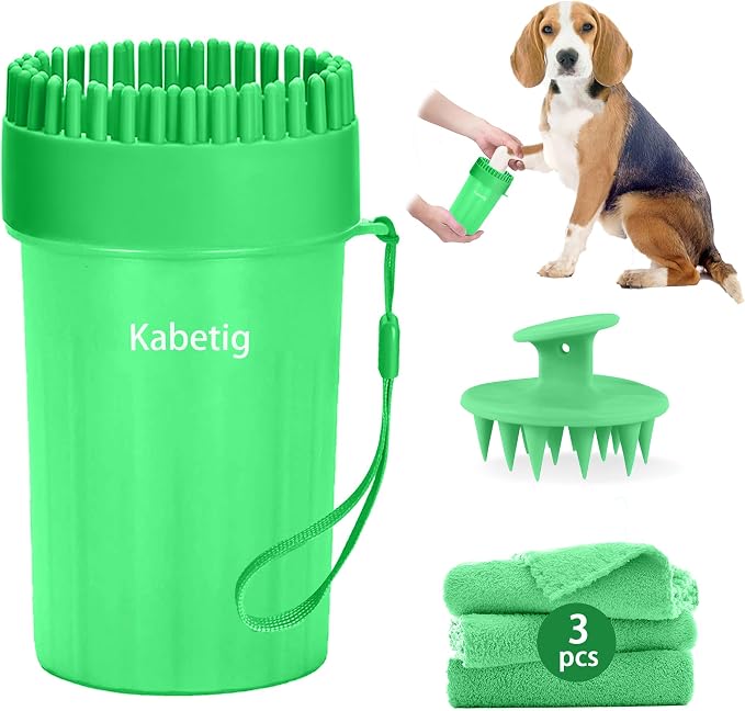 Paw Cleaner for Small/Medium Dogs - Grabs Loose Fur with Top Brush | Clean muddy paws fast. Attached top brush grabs loose fur. No extra tools. Comes with bath brush & 3 towels. Less fur. Green