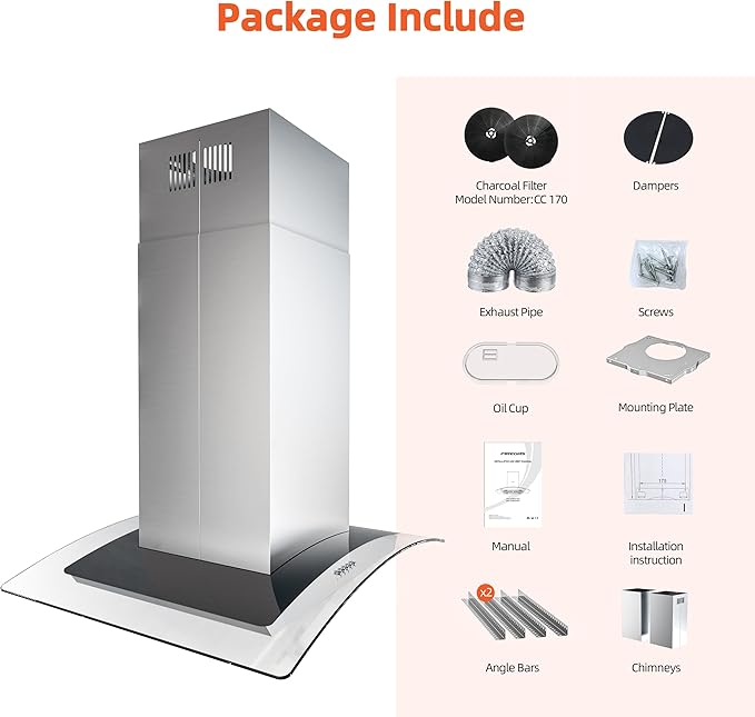 FIREGAS Island Range Hood 30 inch with 700 CFM, Ceiling Mount Kitchen Vent Hood Ducted/Ductless Convertible, Stainless steel stove hood with 3 speed fan, 4 lights, Tempered Glasss, Charcoal Filters