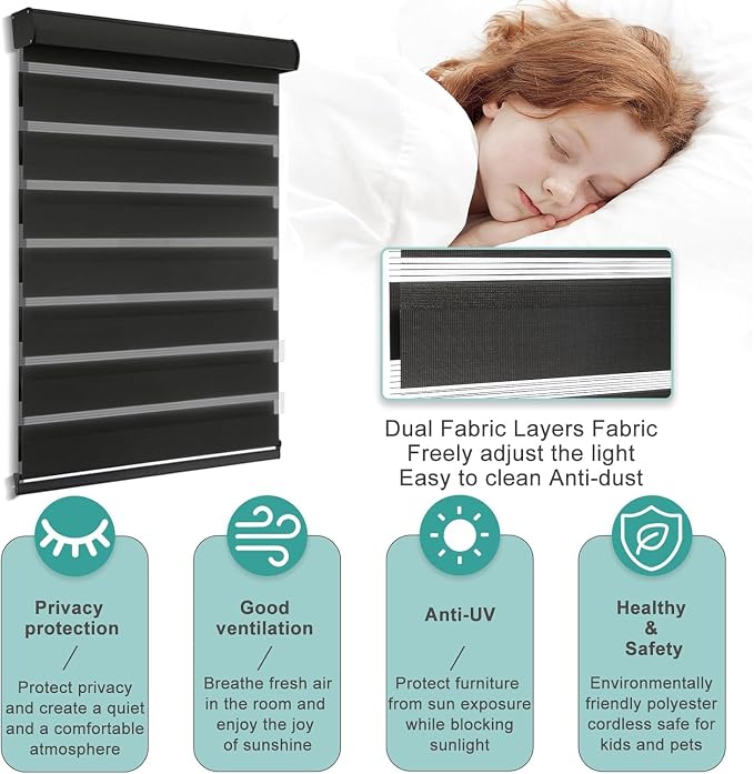 MYshade Cordless Zebra Blinds with Free-Stop Function - Dual Layer Light Filtering & Privacy Sheer Shades for Day and Night - Easy Install Window Shades for Home, Living Room, 31.5" W*72" H,Black