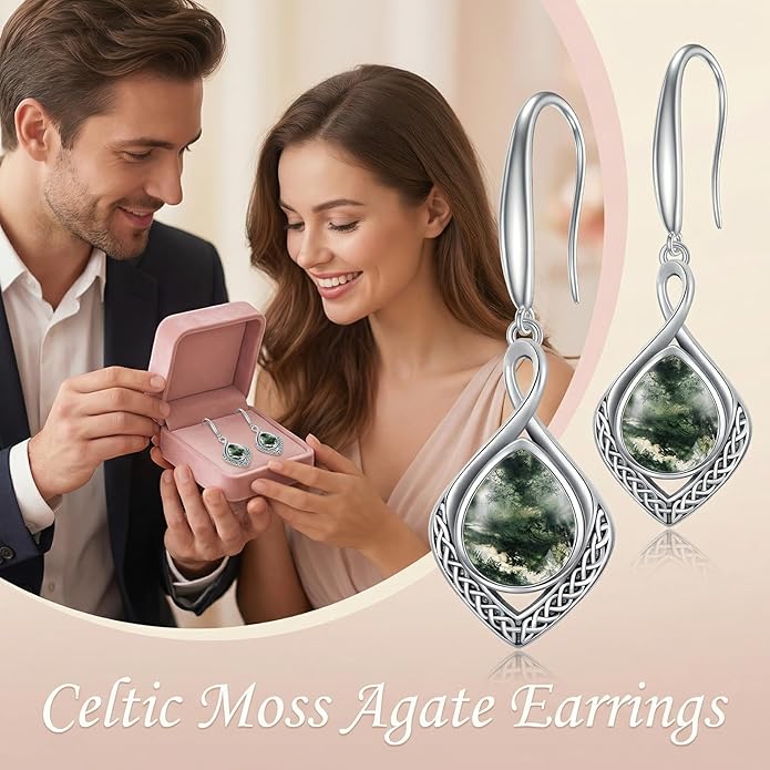 PELOVNY Celtic Knot Filigree Earrings for Women 925 Sterling Silver Moss Agate/Birthstone Infinity Earrings Birthday Christmas Jewelry Gifts for Mom Daughter Wife Sister
