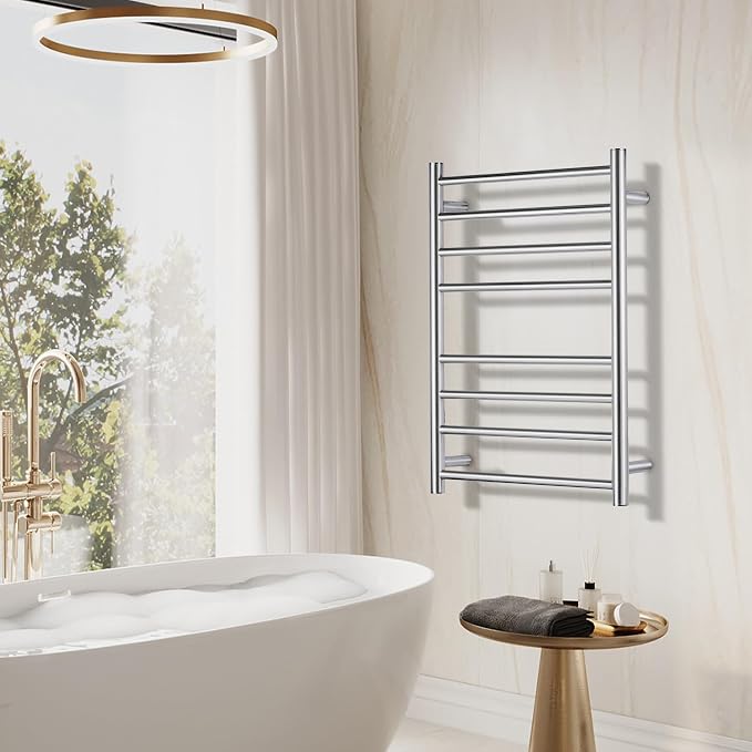 Towel Warmer Polished Chrome for Bathroom Wall Mounted Drying Rack Plug-in Electric Heated Towel Rack Stainless Steel Round 8 Bars Bath Towel Heater with Single Press