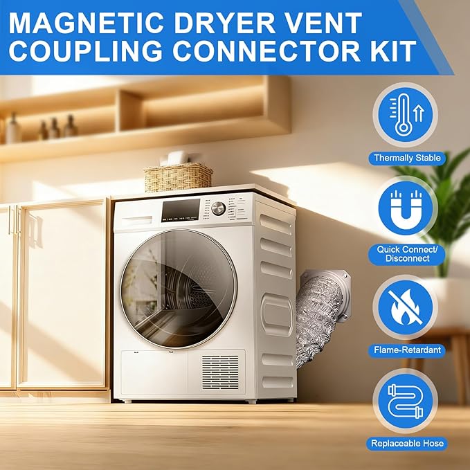 Magnetic Dryer Vent Connector Kit, 4-Inch by 31.5-Inch Aluminum Foil Hose with Clamps, Magnetic Coupling for Dryer Vent Cleaning and Replacement, Laundry Room Essential