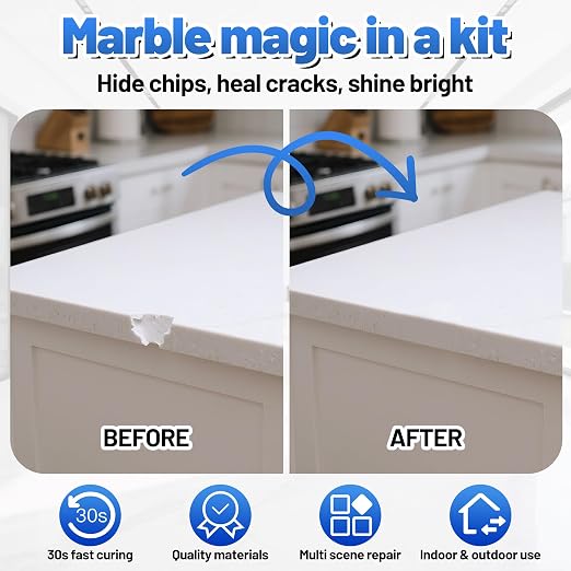 Quartz Countertop Repair Kit 1.7fl.oz / 50ml - 30s Fast Curing DIY Fix Quartz Chip Repair Kit for Cracks Holes & Scratches on Granite Marble Acrylic Fiberglass Porcelain & Corian Surfaces (White)