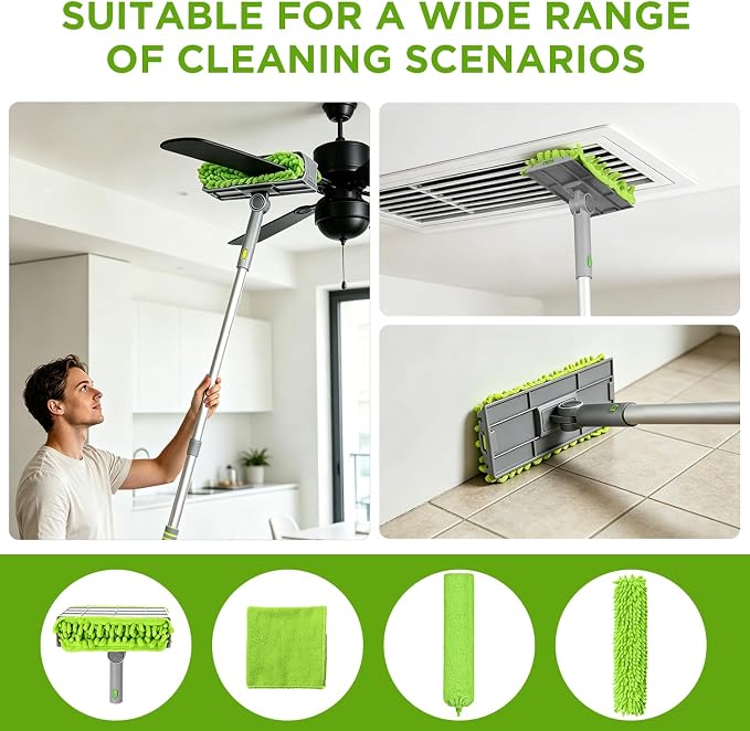 Cleaning Fan Duster Set with 72 Inch Extendable Handle, Reusable Crevice Fan Cleaner Brush, Cleaning Cloth, 4Fan Brush Cloths, Flat Duster for Under Appliances, Ceiling Fan Blade, Blinds, Baseboard