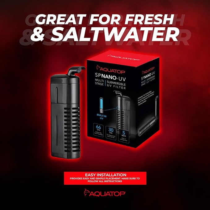 Aquatop 5W Submersible Nano Filter – for 10-30 Gallon – 66 GPH Flow Rate – for Crystal Clear Water – Ideal for Fresh & Saltwater Use – SPNANO-UV