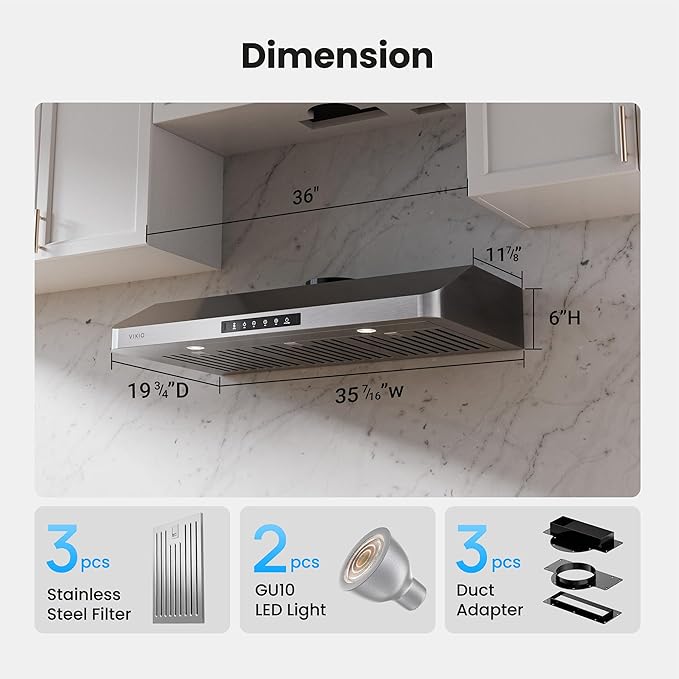 VIKIO HOME Under Cabinet Range Hood 36 Inch, 980CFM Fast Venting Kitchen Hood With 3 Speed Gesture Sensing & Touch Control, Stainless Steel Stove Hood With LED Light And 2 Baffle Filters