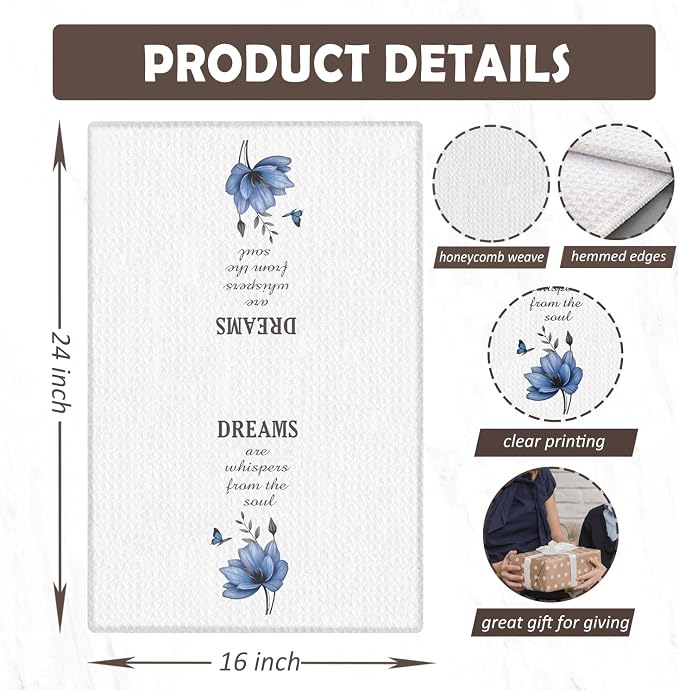 Inspirational Floral Kitchen Towels, Dreams Faith Believe Love Blue Floral Hand Towels for Bathroom, Inspirational Motivational Gifts Dish Tea Towels for Kitchen Decor, 16x24 Inch Set of 4
