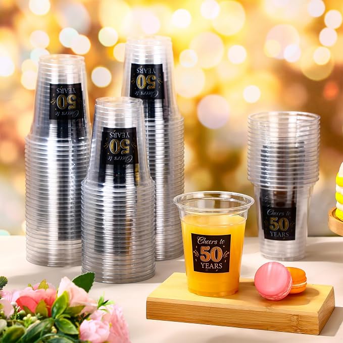 Funnymoom 100 Pack 50th Birthday Cup 12 oz Cheers to 50 Years Happy Birthday Disposable Clear Plastic Cups for Him Men Women Wedding Anniversary Decorations Party Favors