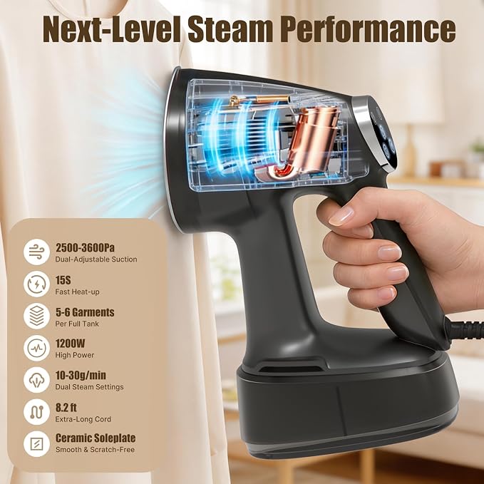 Vacuum Steamer for Clothes Handheld: 2500β3600Pa Adjustable Suction, No Leak & Stable Steam, Steaming & Ironing Portable Travel Garment Steamer, 400ml Tank, 4 Modes, 15s Heat-Up, 110-120V